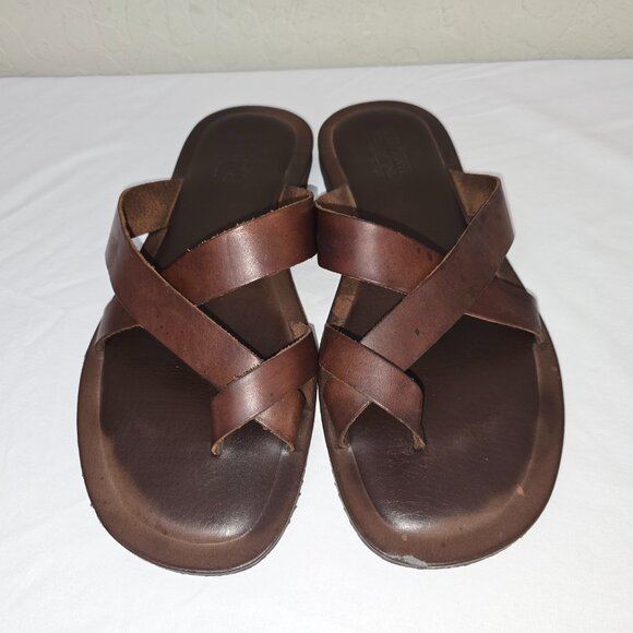 Mercanti Fiorentini Brown Italian Leather Belted Toe Loop Sandals Men's Size 13 - Picture 2 of 5